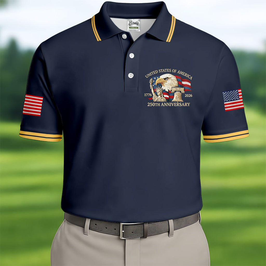 Bald Eagle American Flag 250 Years Navy Golf Shirt, Patriotic 4th Of July Golf Shirts For Men