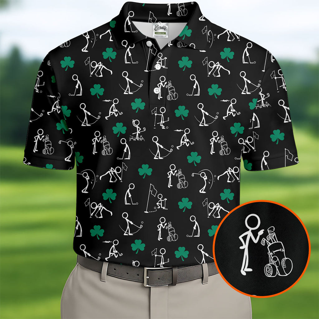 Stick Figure Golf Pose St Patrick's Day Shamrock Black Golf Shirt, Polo Shirts For Men, Golf Shirts For Men