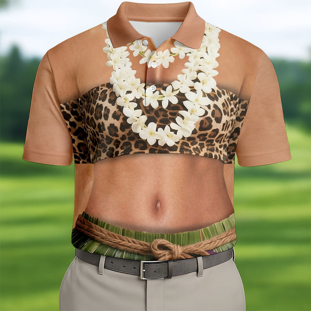 Floral Lei Tropical Theme Party Leopard Print Hawaiian Golf Shirt, Polo Shirts For Men