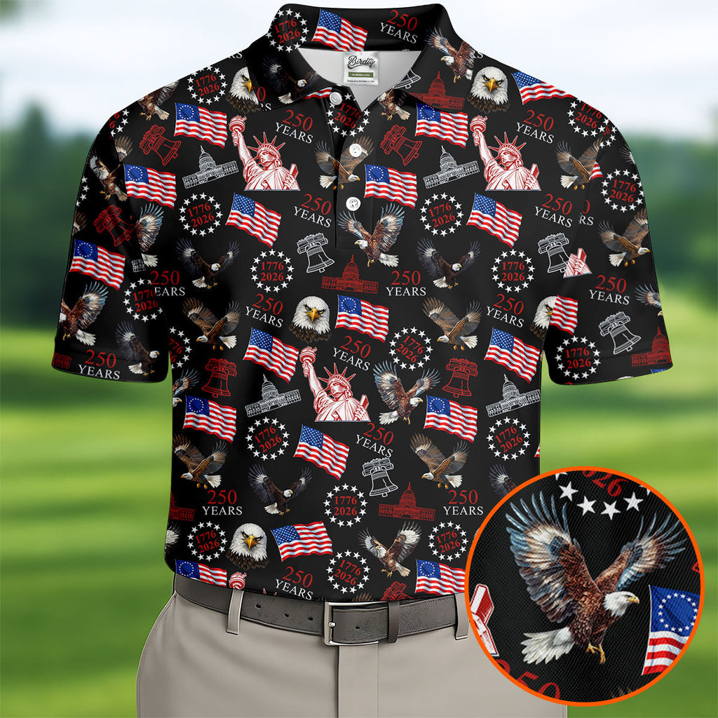 250 Years American Symbol Patriotic Pattern Black Golf Shirt, 4th Of July Golf Shirt, Golf Shirts For Men