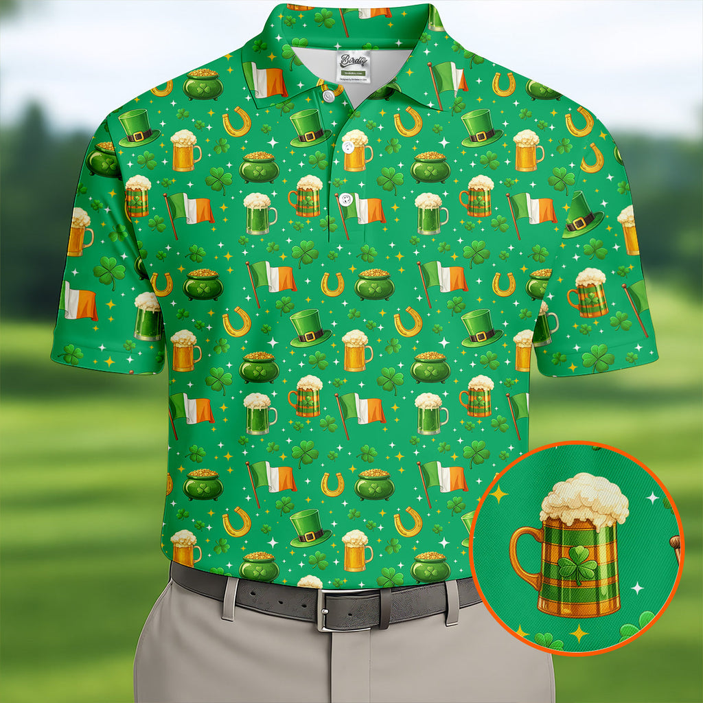 St Patrick's Day Pot Of Gold Leprechaun Hats Irish Flag Golf Tops For Men, Golf Gift For Men, Golf Shirts For Men