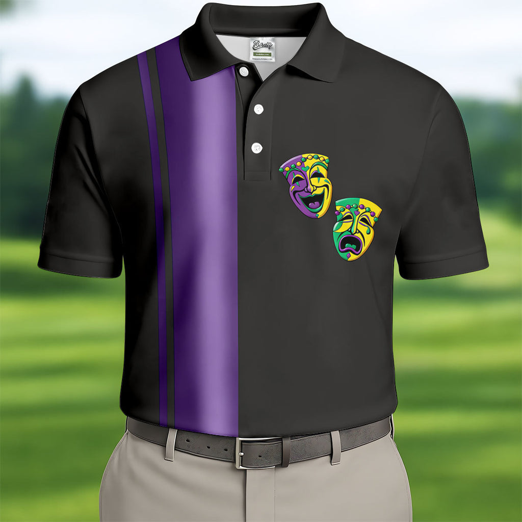 Melpomene And Thalia Theatrical Masks Purple Stripe Mardi Gras Golf Shirt, Polo Shirts For Men, Golf Shirts For Men