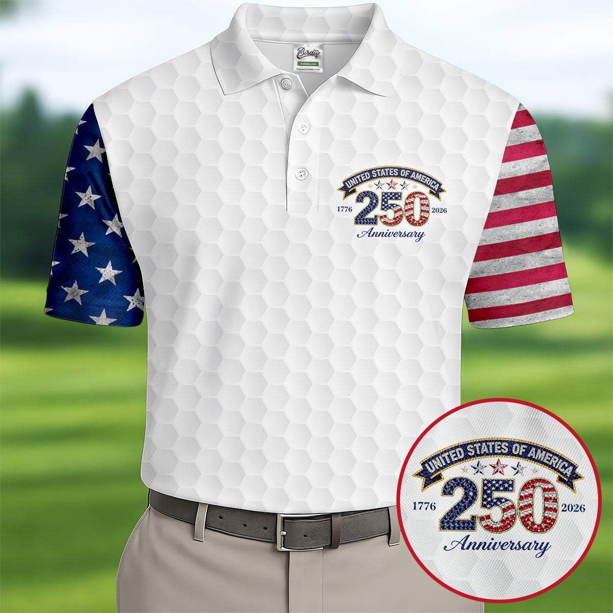 250th Anniversary Golf Ball Pattern White Golf Shirt, Patriotic 4th Of July Golf Shirt, Golf Shirts For Men