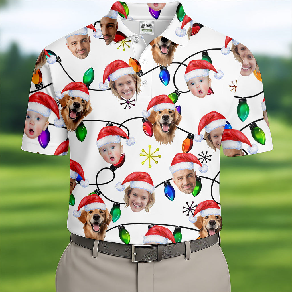 Custom Family Portrait Christmas Lights Pattern Men's Golf Polo Shirts, Christmas Golf Shirt, Golf Gift For Men