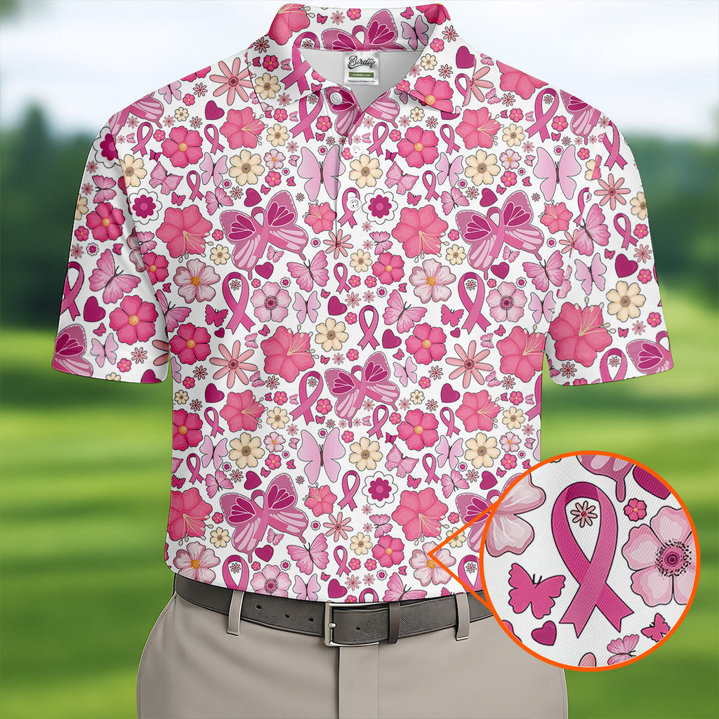 Breast Cancer Pink Ribbon Floral Golf Shirt, Cancer Awareness Shirt, Polo Shirts For Men, Golfing Apparel