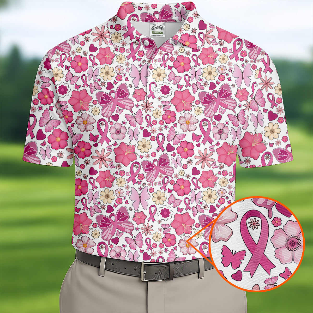 Breast Cancer Pink Ribbon Floral Golf Shirt, Cancer Awareness Shirt, Polo Shirts For Men, Golfing Apparel