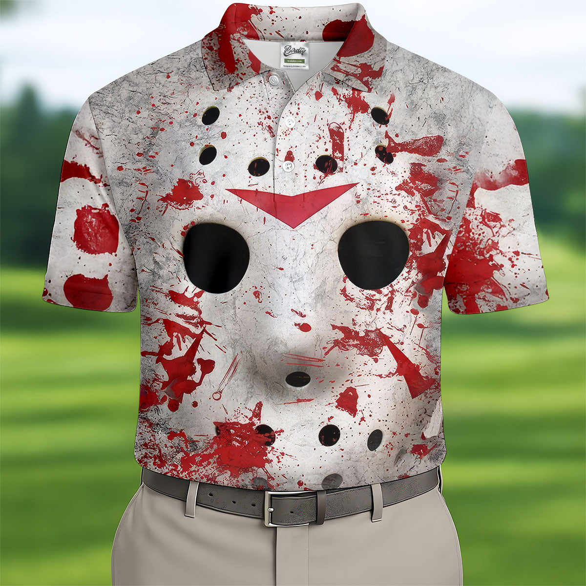 Creepy Mask Face Golf Tops For Men, Horror Character Cosplay Polo Shirts For Men, Halloween Golf Shirt