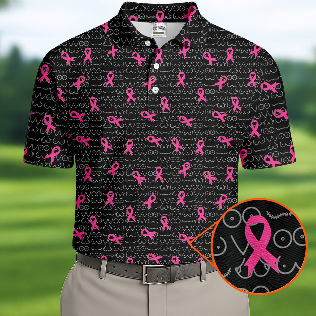 Black Golf Polo with Pink Ribbon, Men's Golf Polo ShirtBreast Cancer Awareness Shirt, Funny Golf Shirt