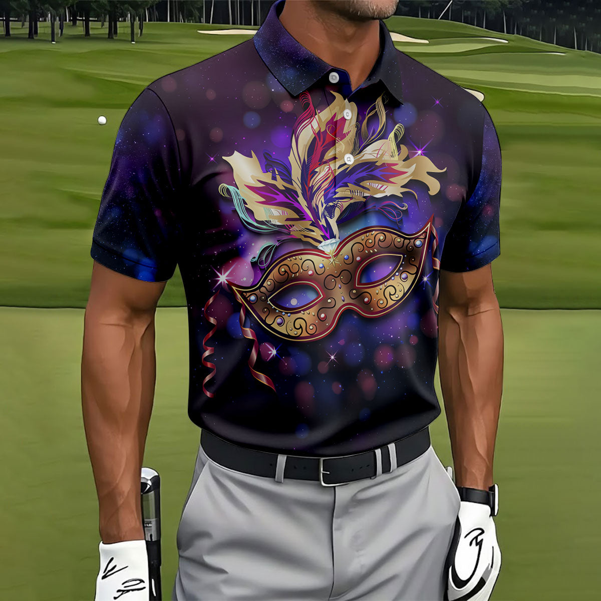 Mardi Gras Mask Feather Ribbon Purple Golf Shirt, Polo Shirts For Men, Golf Shirts For Men