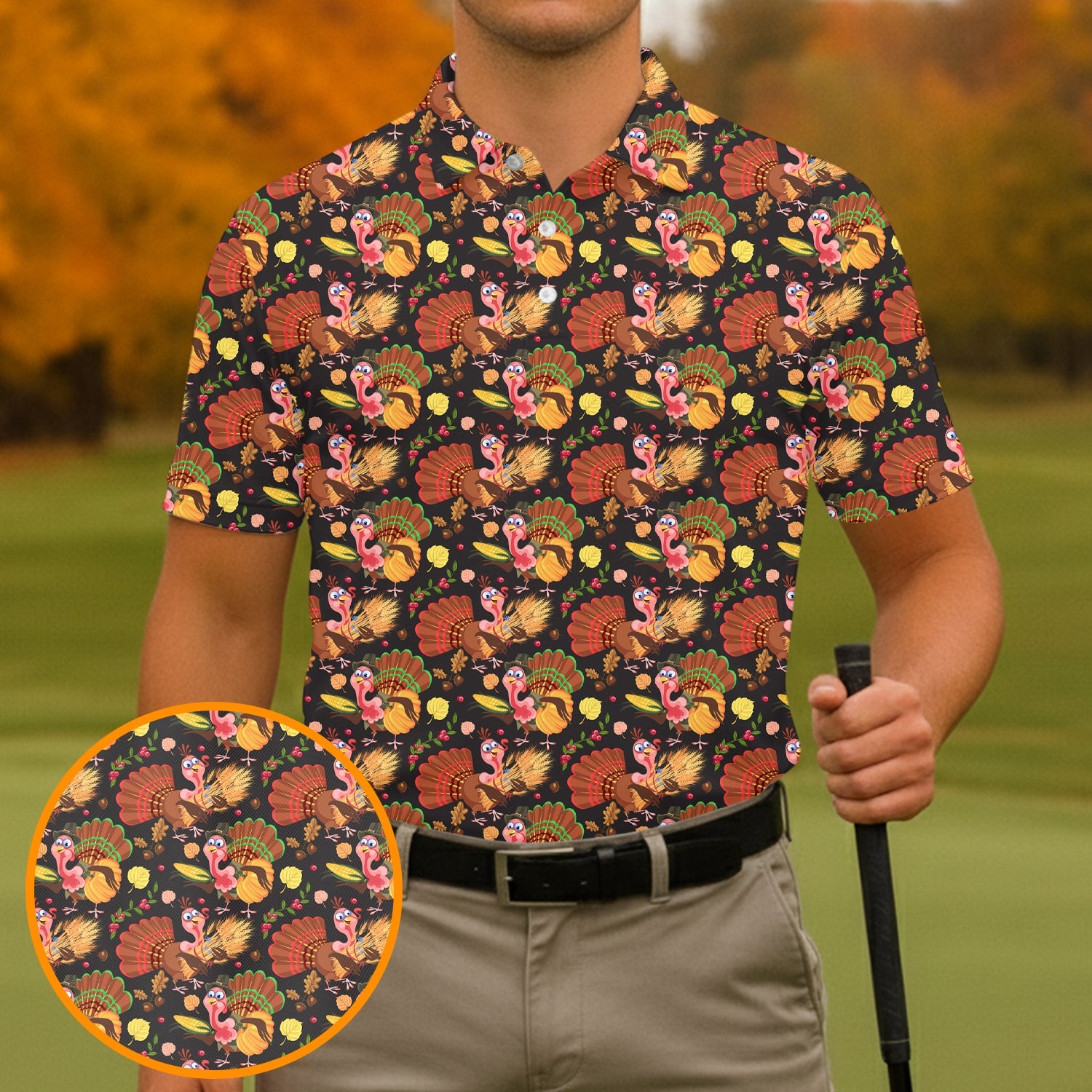 Turkey Pumpkin Thanksgiving Holiday Black And Brown Polo Shirts For Men, Golf Gift For Men
