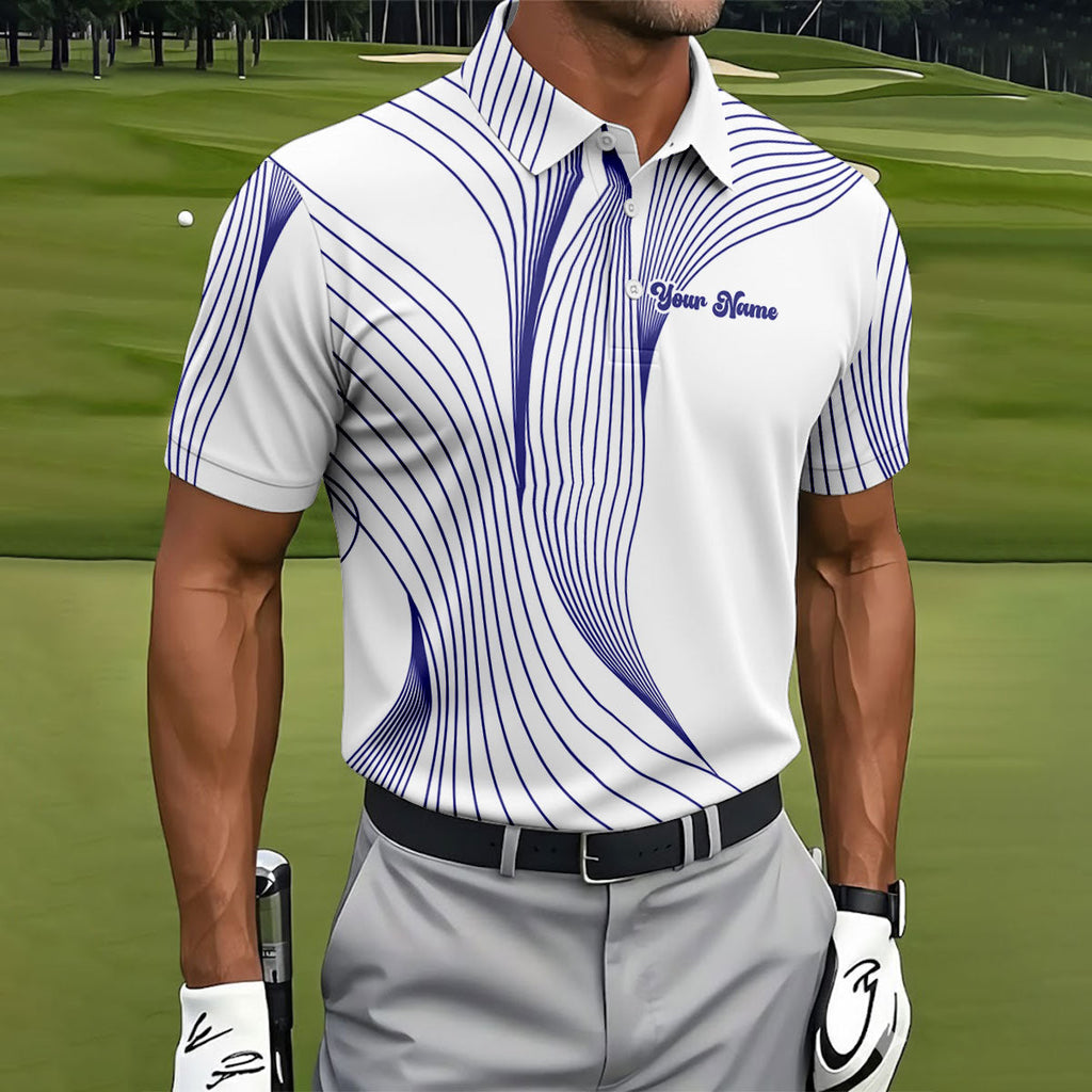 Geometric Line Wavy Line Purple And White Custom Name Golf Shirts For Men, Men's Golf Shirt, Polo Shirts For Men