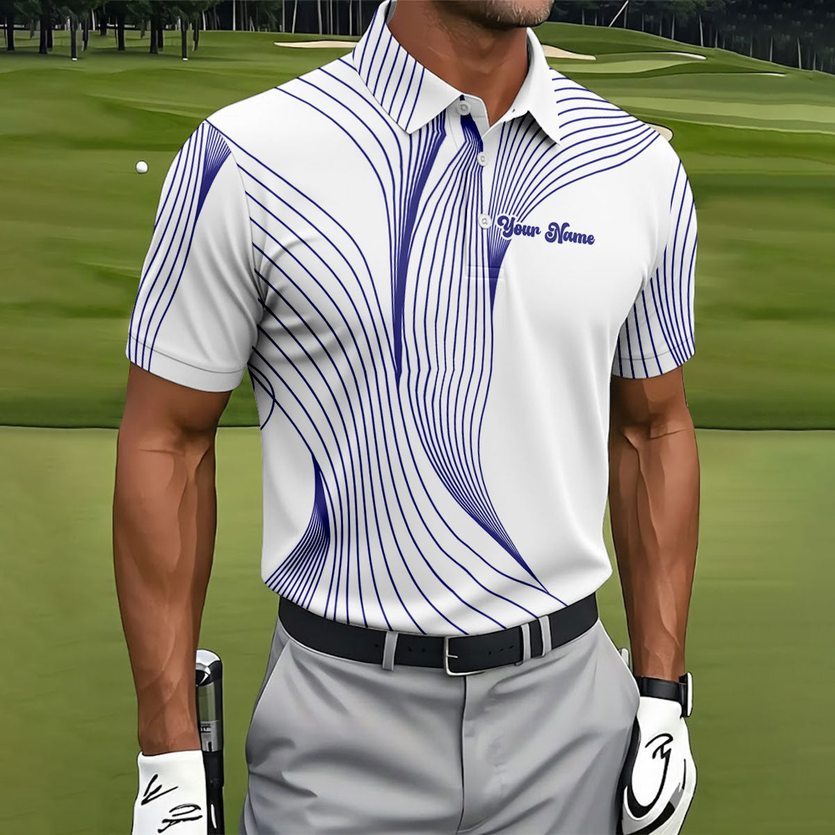 Geometric Line Wavy Line Purple And White Custom Name Golf Shirts For Men, Men's Golf Shirt, Polo Shirts For Men