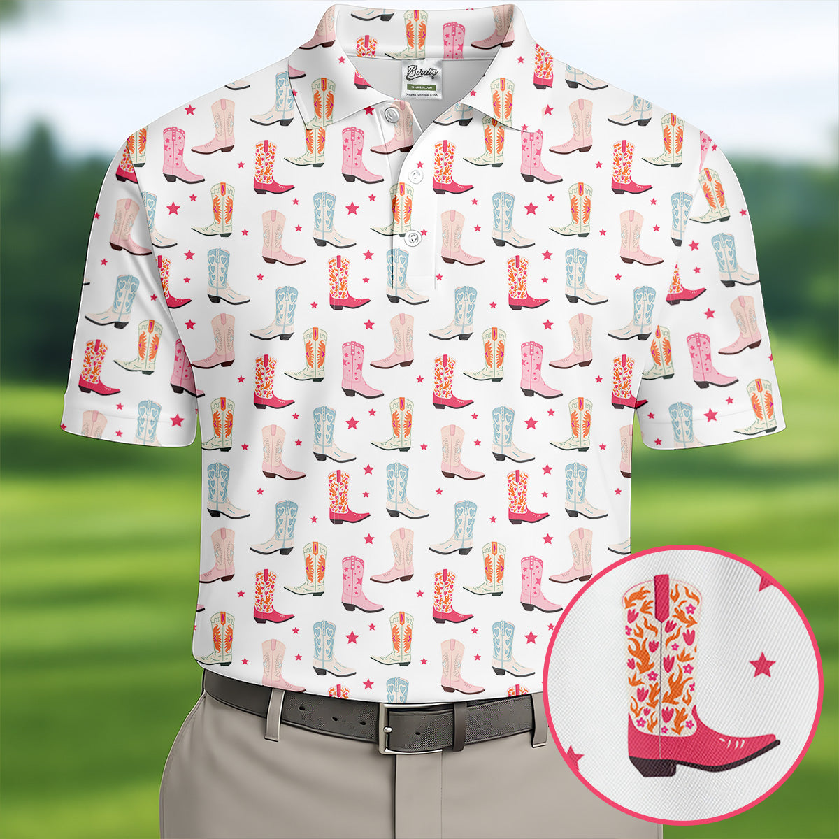 Western Boot Pattern Pastel Shades Retro Golf Shirt, Polo Shirts For Men, Golf Shirts For Men