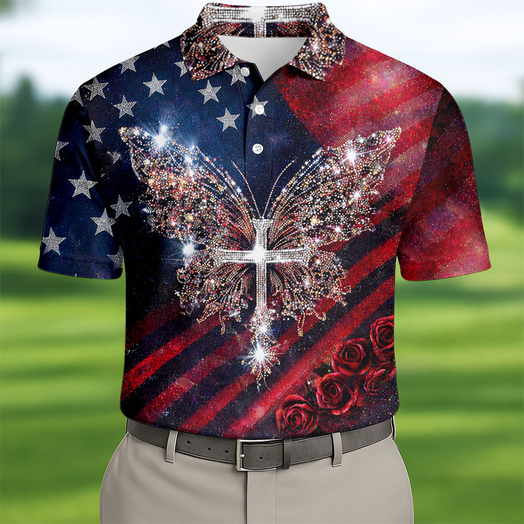 Faith Cross Shimmering Butterfly 250th Anniversary Golf Tops For Men, Patriotic 4th Of July Golf Shirts For Men