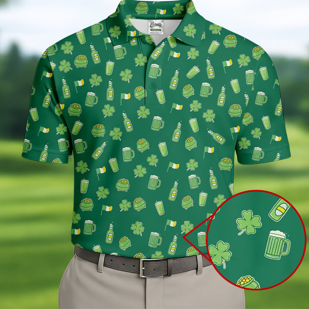 St Patrick's Day Beer Four Leaf Clovers Gold Pots Green Golf Shirt, Polo Shirts For Men, Golf Shirts For Men