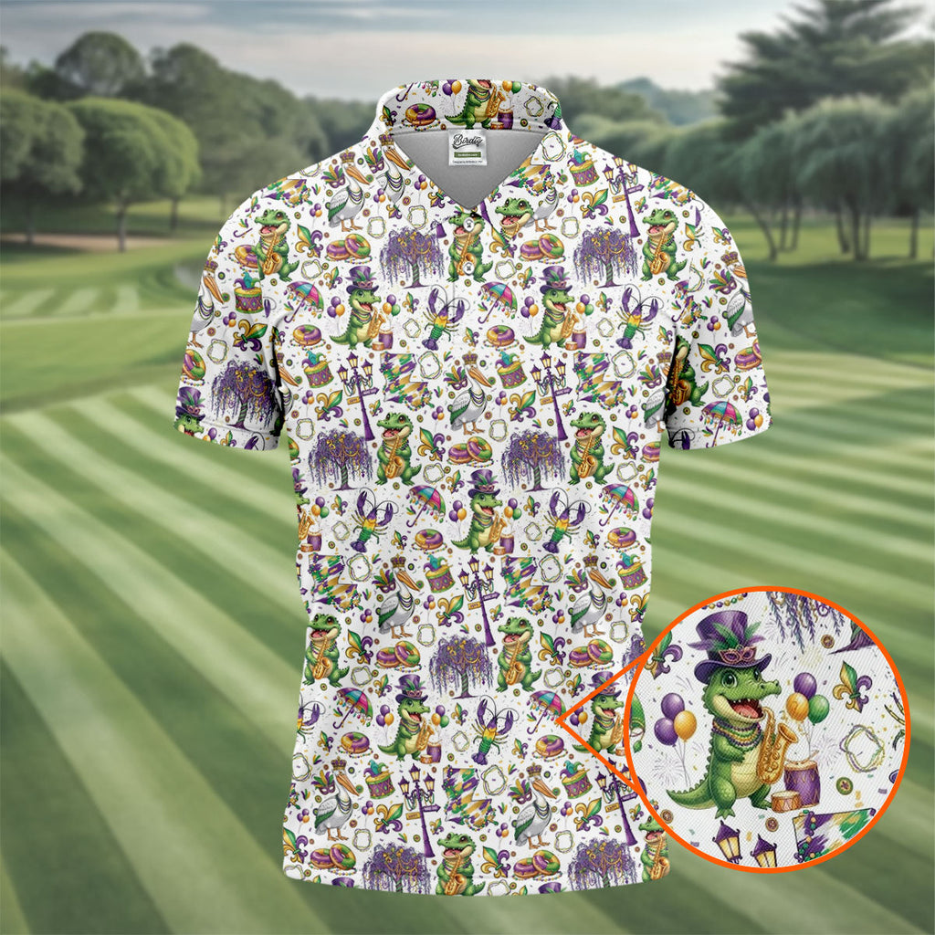 Mardi Gras Fleur De Lis Animal Band White Golf Shirt, Golf Tops For Men, Polo Shirts For Men