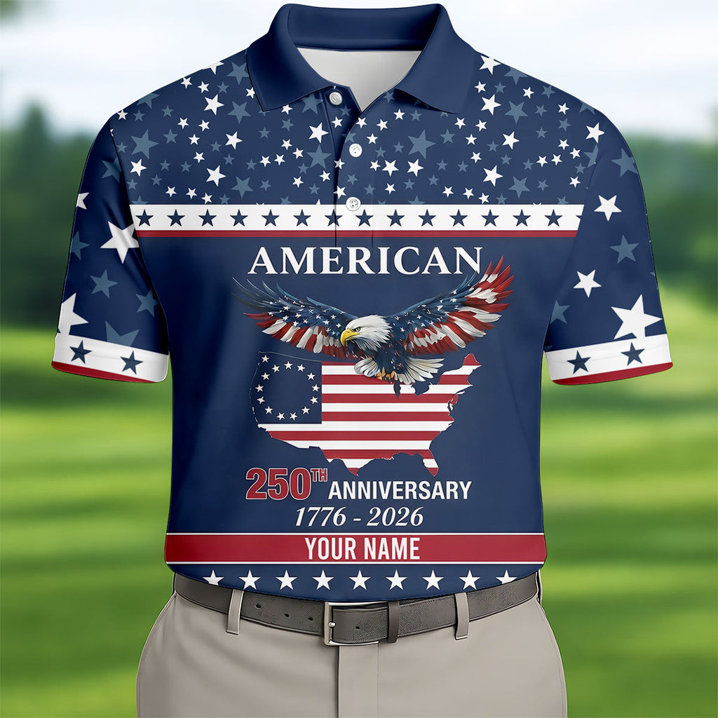 American Bald Eagle 250th Anniversary Patriotic Stars Golf Shirt, 4th Of July Golf Shirts For Men