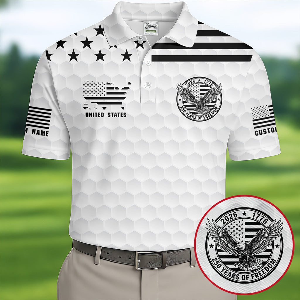250 Years Of Freedom Golf Ball Pattern White Golf Shirt, 4th Of July Patriotic Golf Shirts For Men