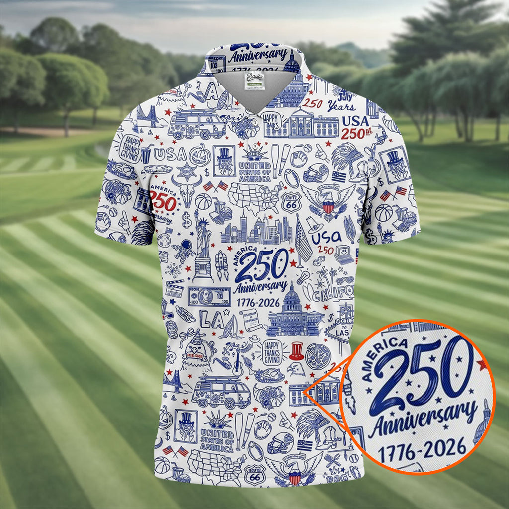 America 250 Anniversary US Symbols Doodle Pattern Patriotic Golf Shirt, 4th Of July Golf Shirts For Men