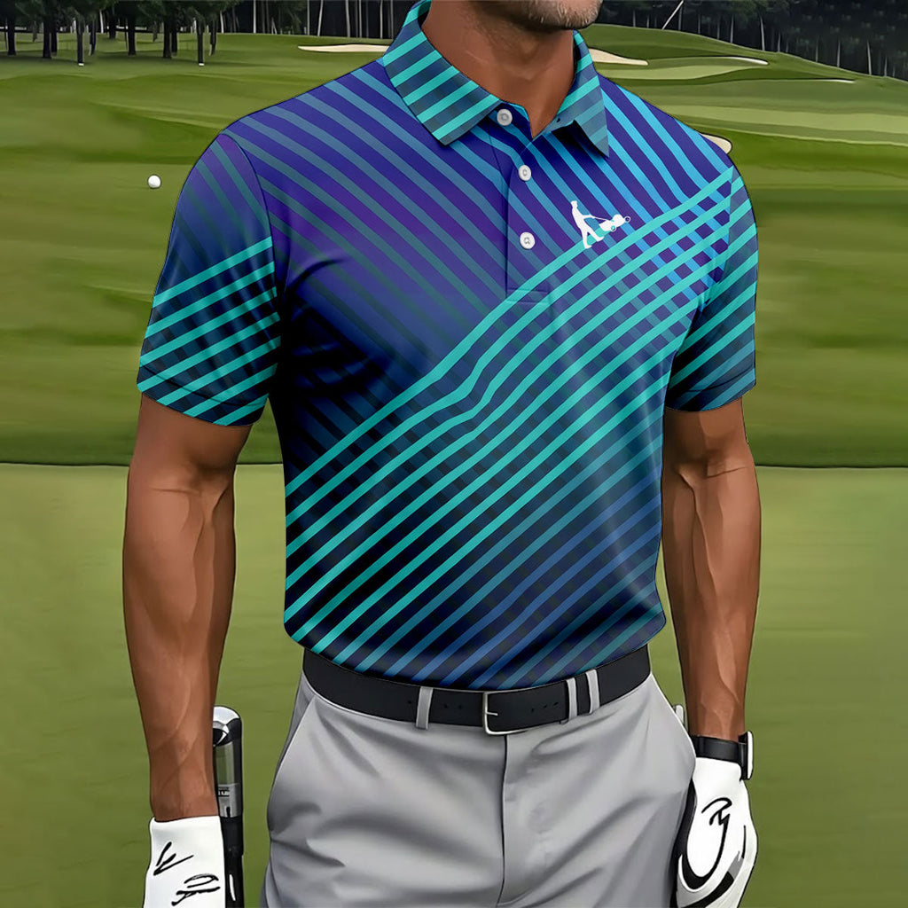 Teal And Purple Striped Pattern Golf Tops For Men, Performance Golf Shirt, Polo Shirts For Men