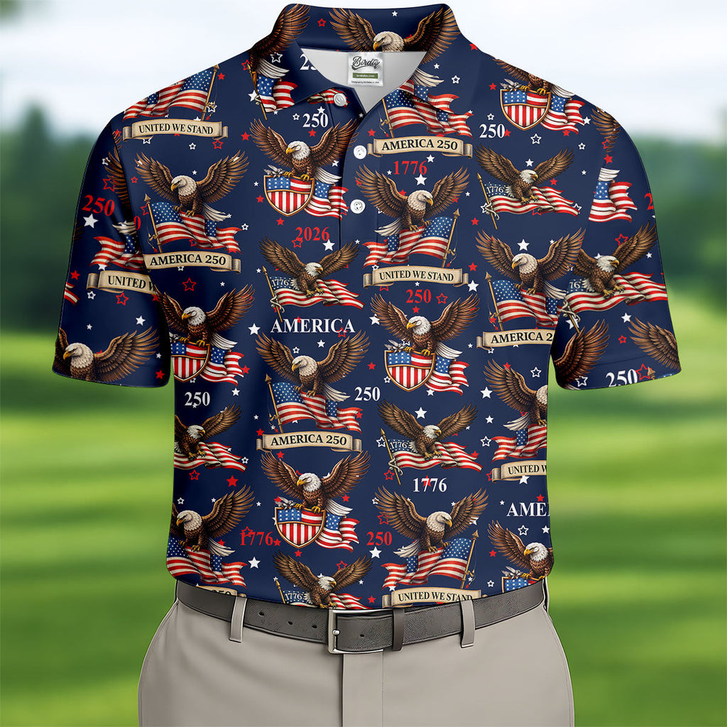 America 250 American Flag Badge 4th Of July Navy Golf Shirt, Patriotic Golf Shirt, Golf Shirts For Men