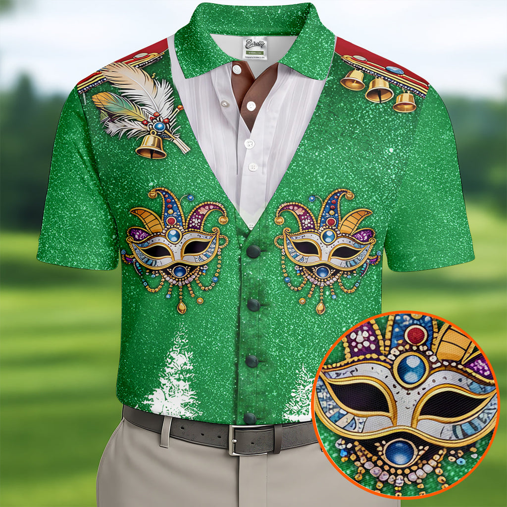Masquerade Mask Feather Mardi Gras Glitter Print Green Golf Shirt, Polo Shirts For Men, Golf Shirts For Men