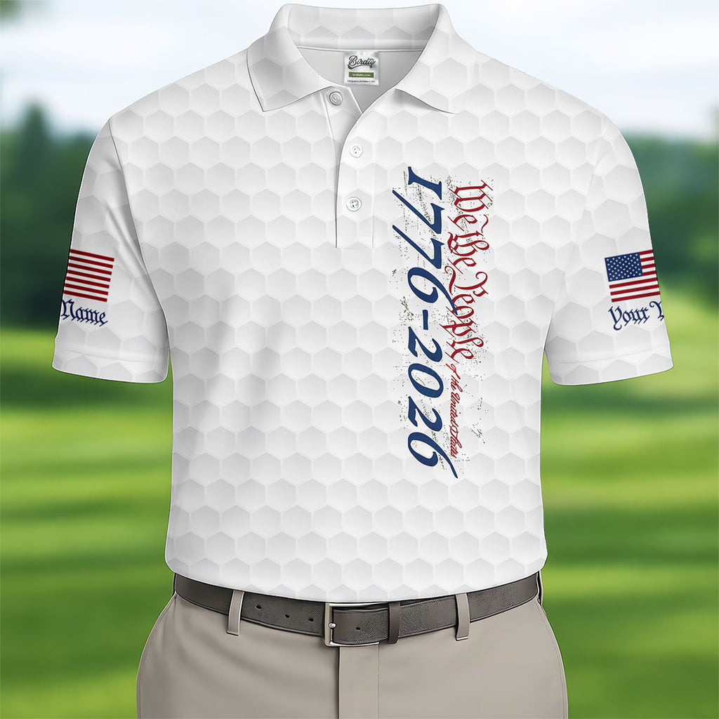 We The People Distressed American Flag White Golf Shirt, 250 Years Patriotic 4th Of July Golf Shirts For Men