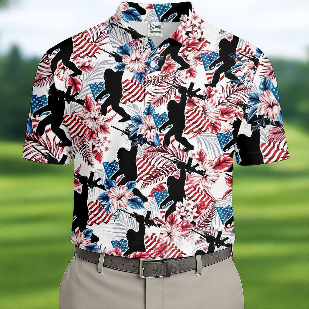 Hawaiian Bigfoot Patriotic 4th Of July American Flag Golf Shirt, 250th Anniversary Golf Shirts For Men