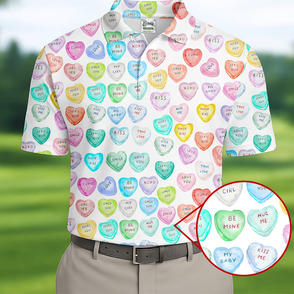 Sweet Words Watercolor Heart Golf Tops For Men, Valentines Golf Gift, Polo Shirts For Men