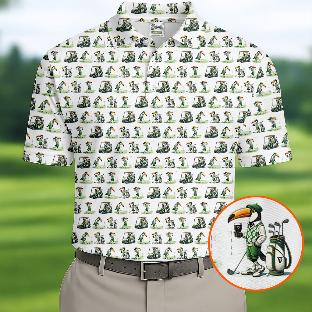 Funny Toucan Golf Pose White And Green Golf Tops For Men, Polo Shirts For Men, Golf Shirts For Men