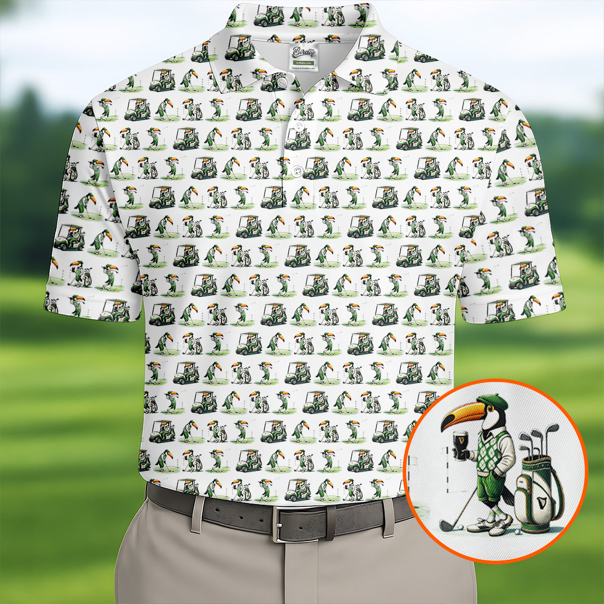 Funny Toucan Golf Pose White And Green Golf Tops For Men, Polo Shirts For Men, Golf Shirts For Men