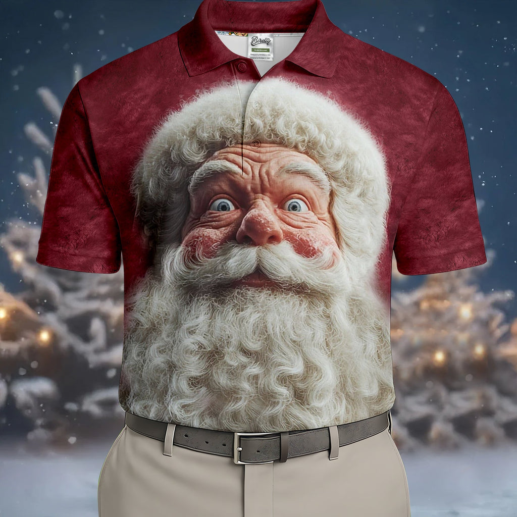 Santa Claus Face Funny Holiday Vintage Print Men's Golf Polo Shirts, Christmas Golf Shirt, Golf Gift For Men