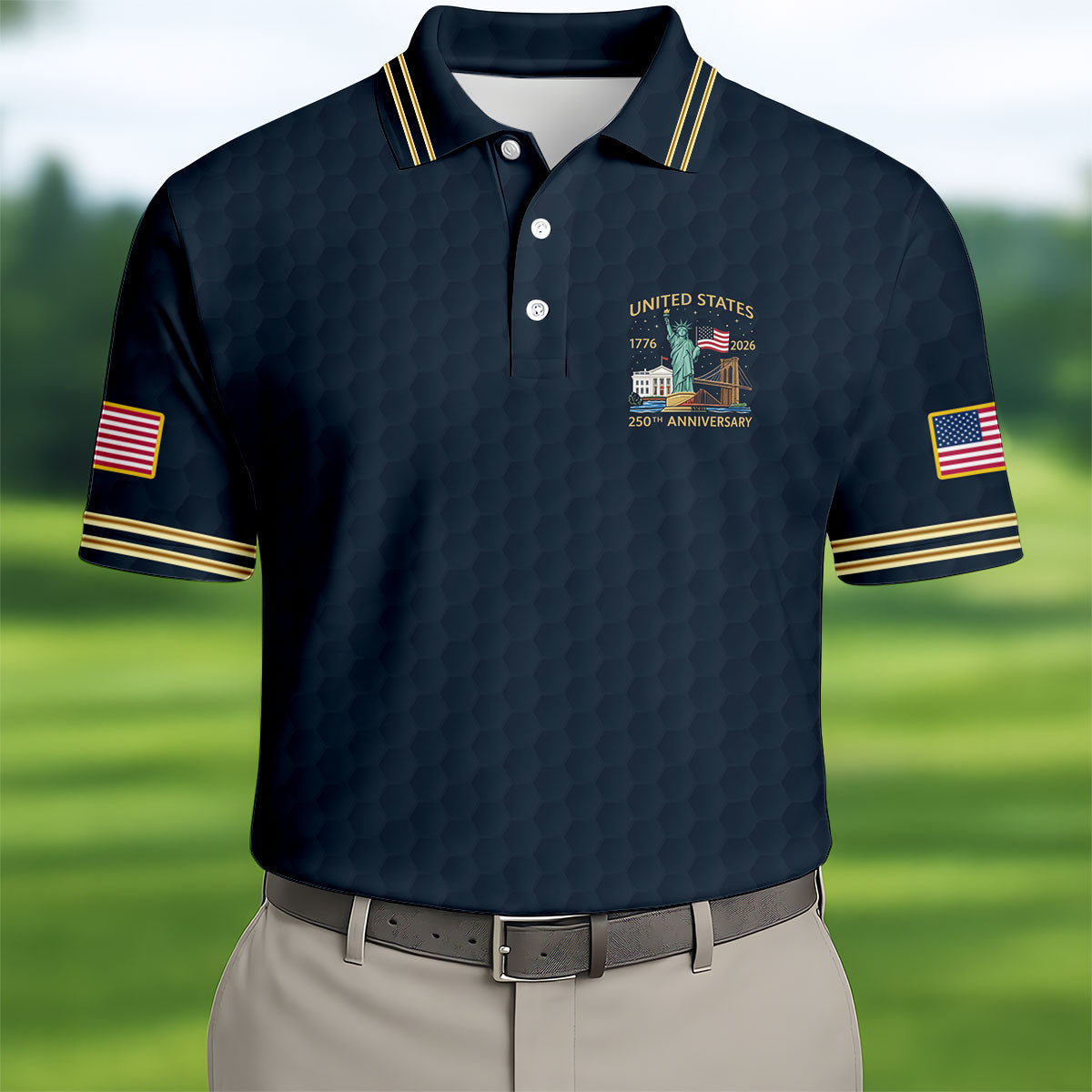 United States 250th Anniversary Golf Ball Pattern Navy Golf Shirt, 4th Of July Patriotic Golf Shirts For Men