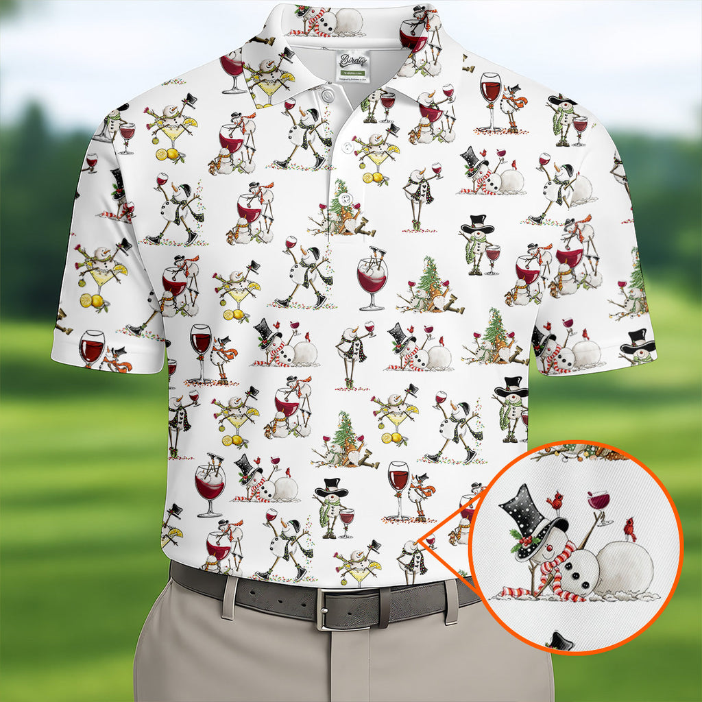 Funny Snowman Drinking Wine White Golf Shirt, Christmas Golf Shirt, Polo Shirts For Men, Golf Gift For Men
