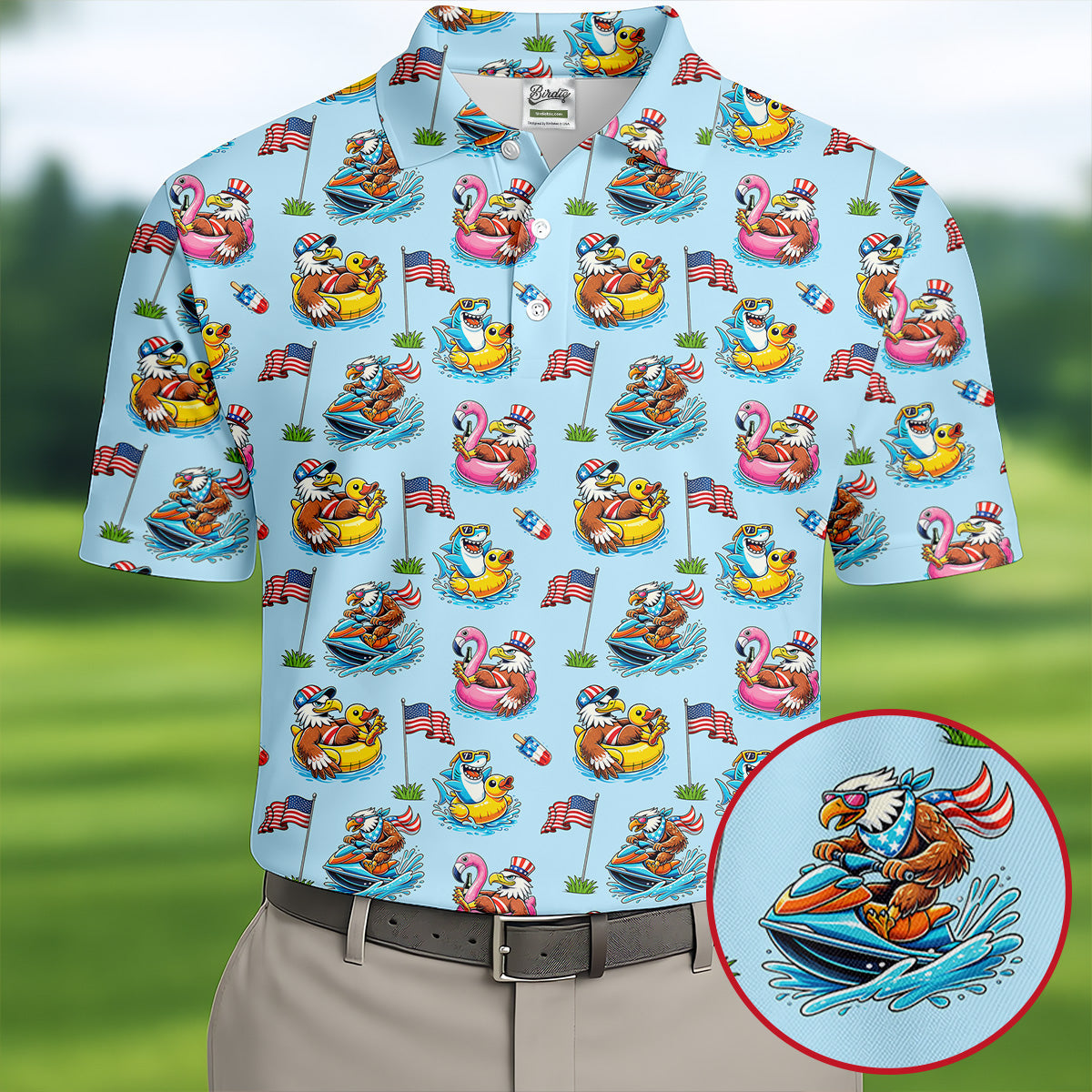Eagle Shark Summer Theme Patriotic Party 4th Of July Golf Shirt, 250th Anniversary Golf Shirts For Men