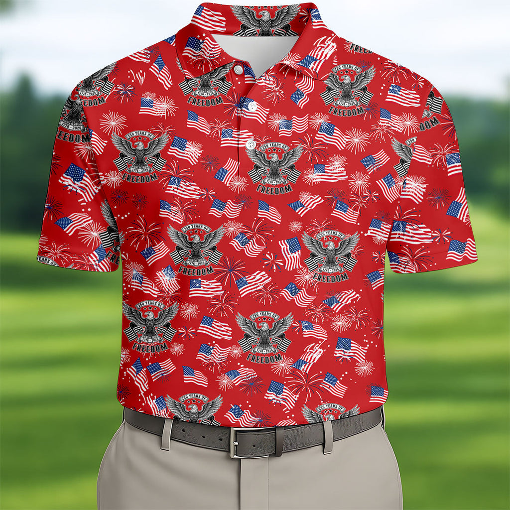 250 Years Of Freedom Festive Flag Vintage Red Golf Shirt, Patriotic 4th Of July Golf Shirts For Men