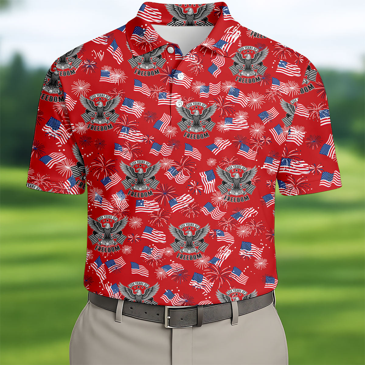 250 Years Of Freedom Festive Flag Vintage Red Golf Shirt, Patriotic 4th Of July Golf Shirts For Men