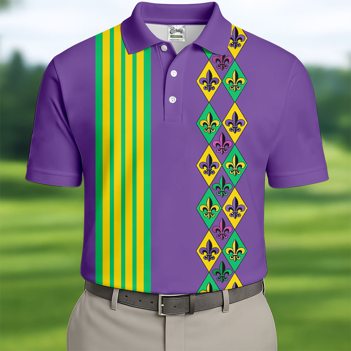 Fleur De Lis Argyle Pattern Purple Green Gold Stripes Golf Tops For Men, Polo Shirts For Men, Golf Shirts For Men