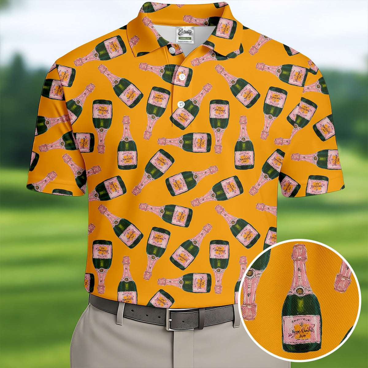 Rosé Champagne Seamless Pattern Yellow Golf Shirt, Polo Shirts For Men, Golf Shirts For Men