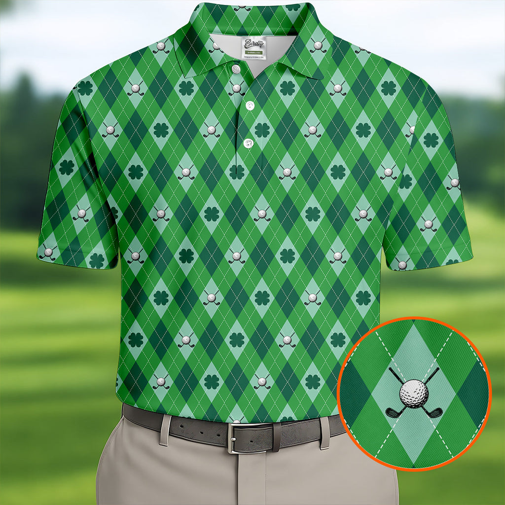 Lucky Four Leaf Clover Golf Ball Pattern Argyle Pattern St Patrick's Day Golf Shirt, Polo Shirts For Men