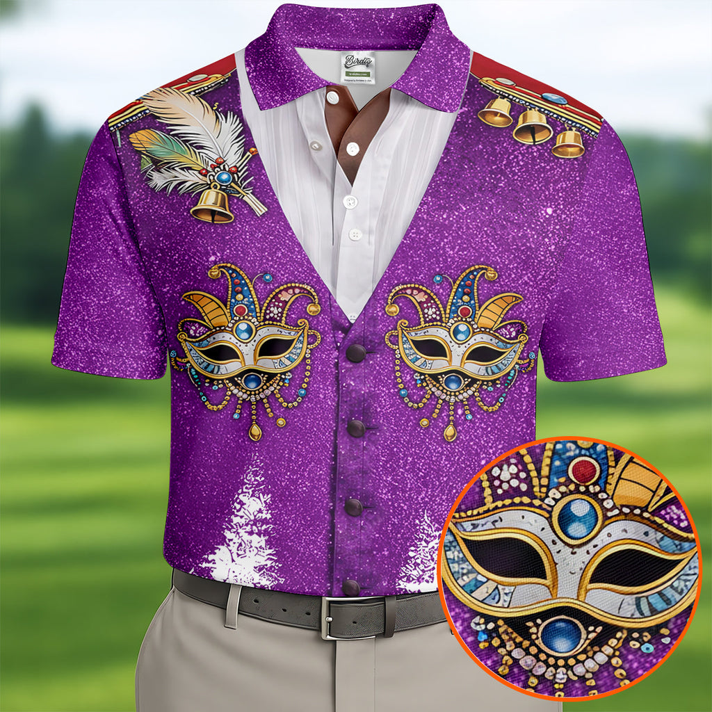 Masquerade Mask Feather Mardi Gras Glitter Print Purple Golf Shirt, Polo Shirts For Men, Golf Shirts For Men