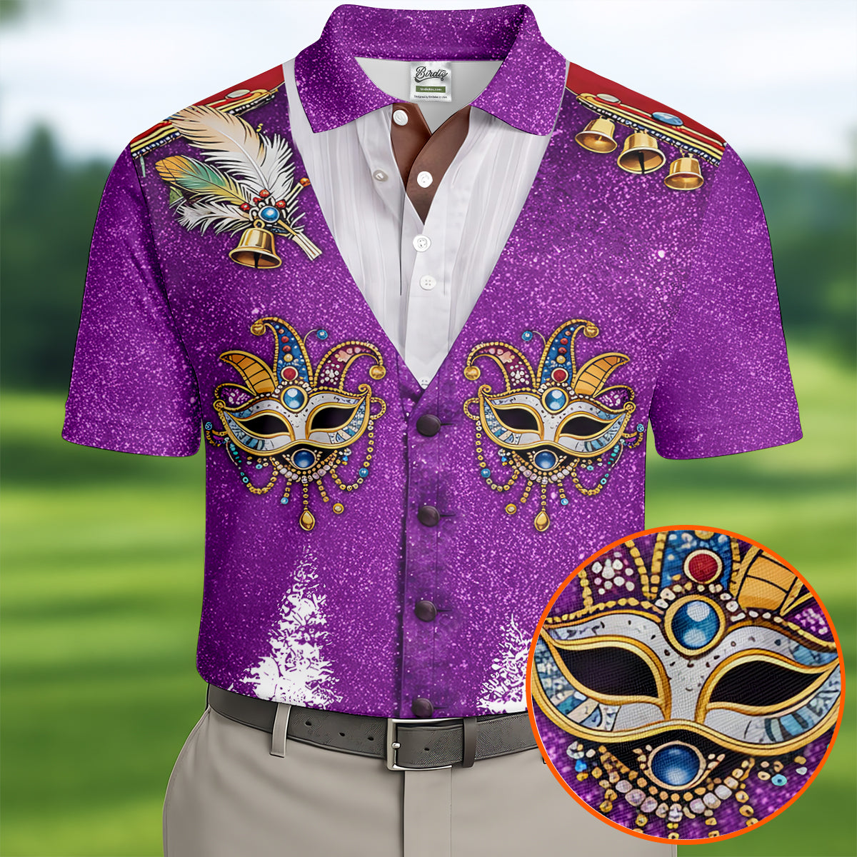 Masquerade Mask Feather Mardi Gras Glitter Print Purple Golf Shirt, Polo Shirts For Men, Golf Shirts For Men