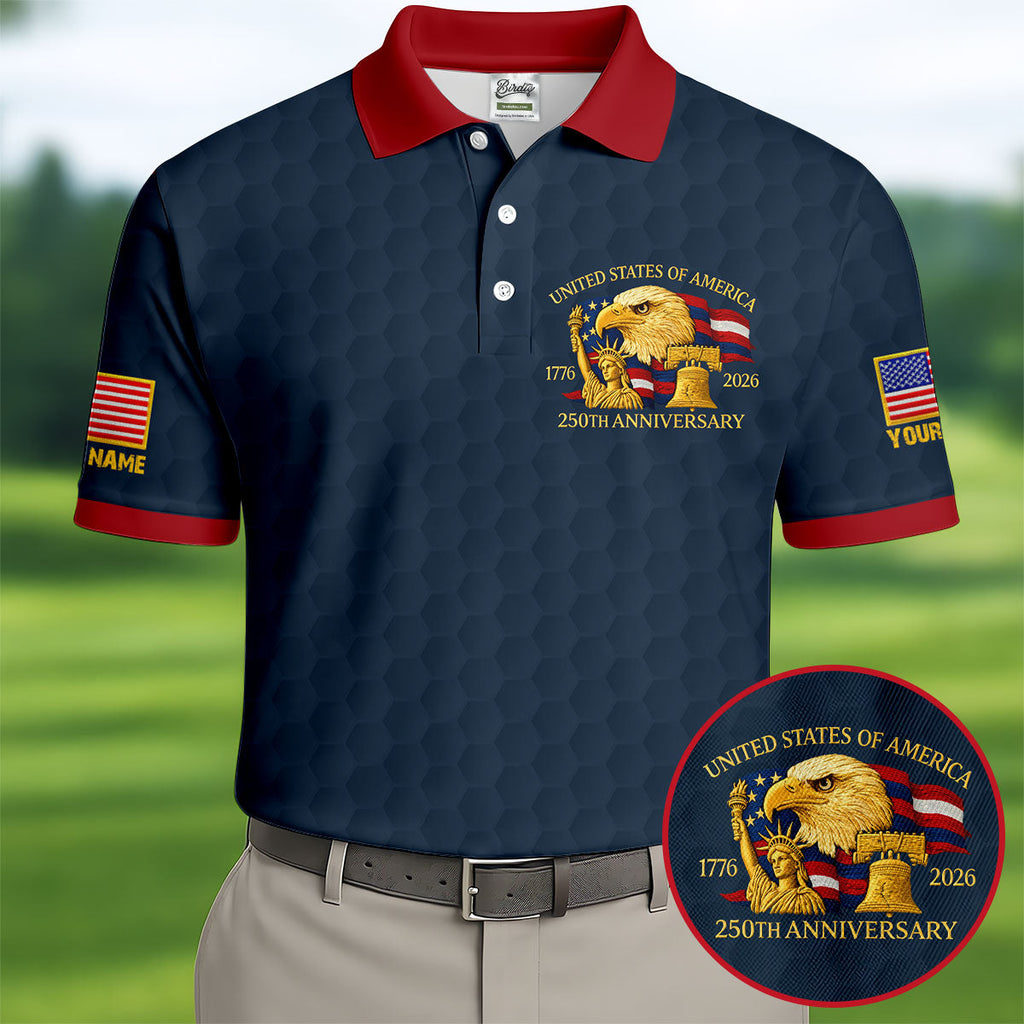 United States 250th Anniversary Patriotic Eagle Navy Custom Golf Shirts, 4th Of July Golf Shirts For Men