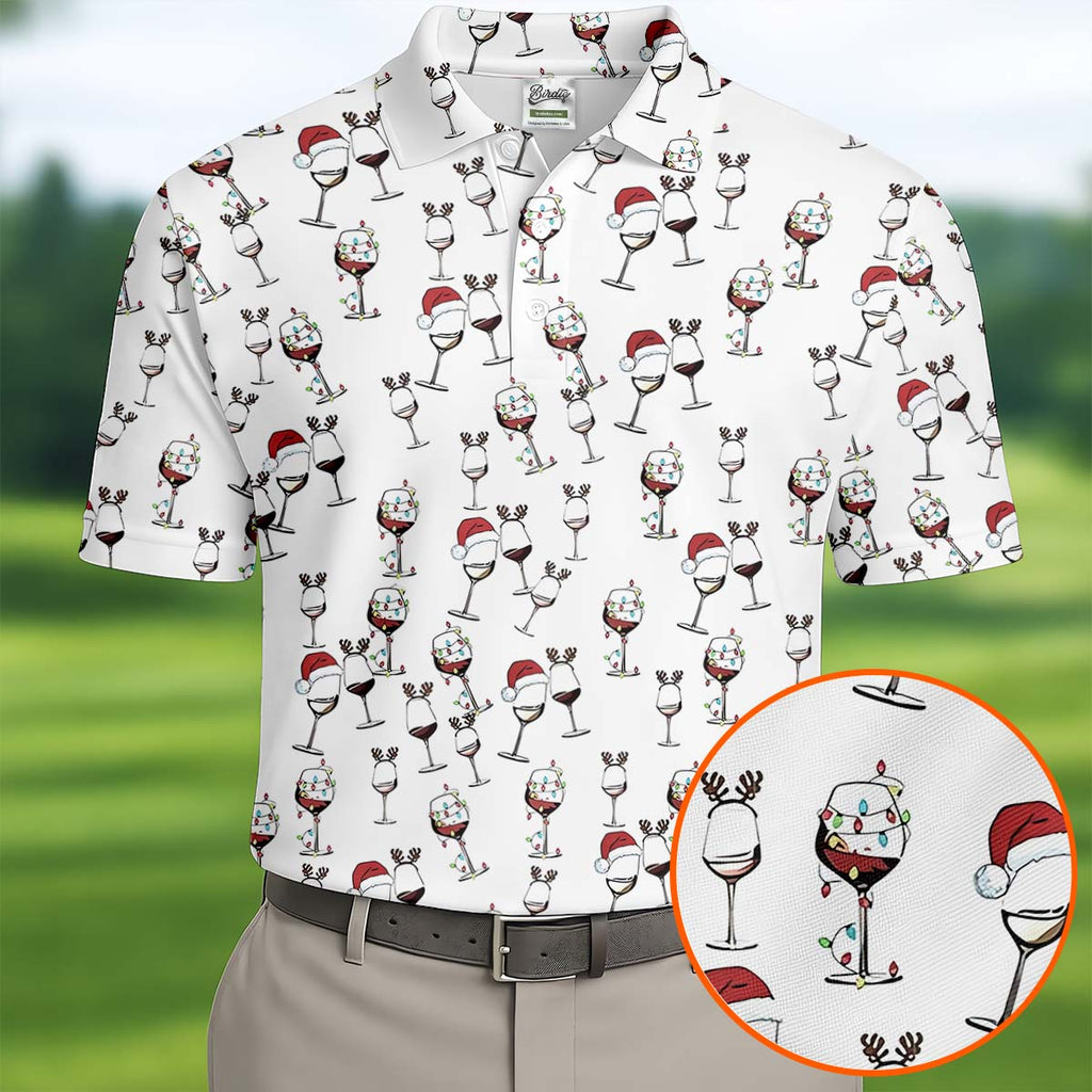 Wine Glass Christmas Lighting Golf Tops For Men, Christmas Golf Shirt, Polo Shirts For Men