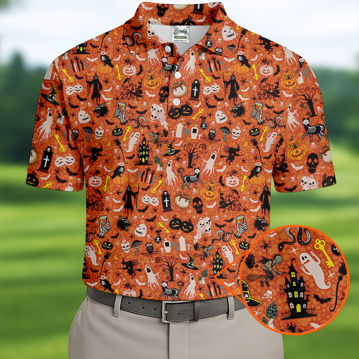 Halloween Skull Witch Cat Orange Golf Shirt, Funny Halloween Polo Shirts For Men, Golf Gift For Men