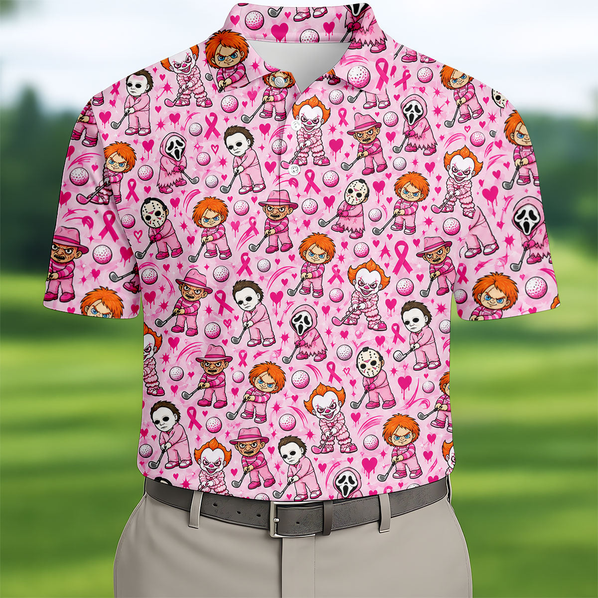 Halloween Horror Character Breast Cancer Polo Shirt, Mens Golf Shirts, Mens Golf Apparel