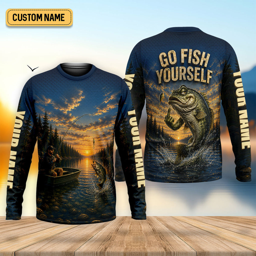 Go Fish Yourself Funny Bass Fishing UPF Shirt, Fishing Shirts For Men, Fishing Apparel