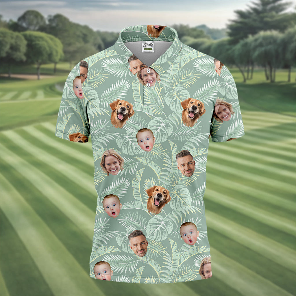 Tropical Leaf Pattern Mens Hawaiian Golf Shirts, Custom Team Shirt, Green Polo Shirt, Best Gifts For Men Golfers