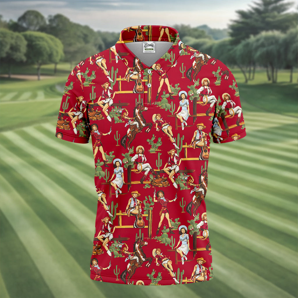 Western Cowgirl Red Golf Shirt, Fun Golf Shirts For Men, Men's Golf Polo, Long Sleeve Polo