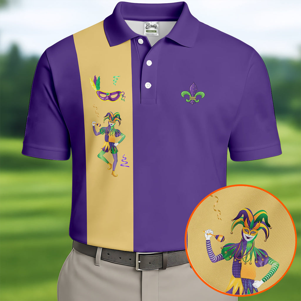 Mardi Gras Festival Jester Figure Fleur De Lis Symbol Purple Golf Shirt, Polo Shirts For Men, Golf Shirts For Men